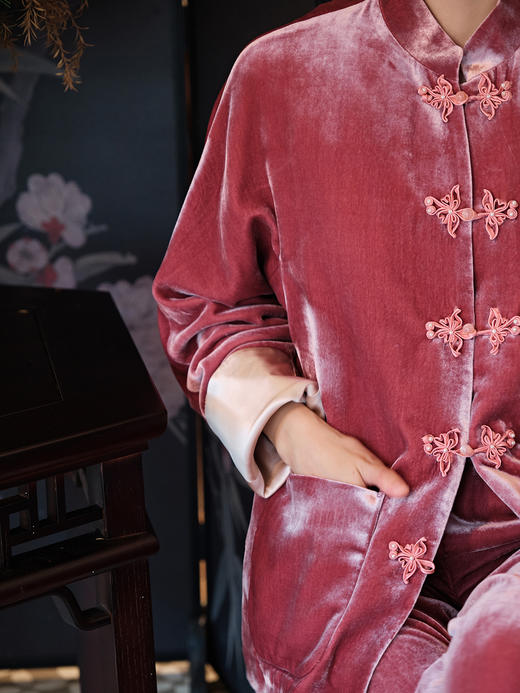 盛唐牡丹| 杨妃粉色丝绒花扣外套 商品图6