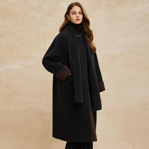 PH942斯尔丽2024秋冬新款双面双色搭配围巾大廓形时尚中长款羊毛大衣 商品图2