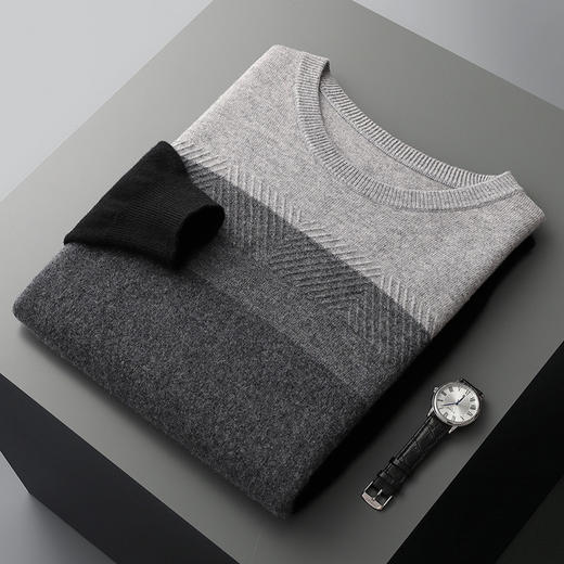 红览 100%纯羊毛衫男圆领拼色加厚提花毛衣宽松休闲针织打底衫2039 商品图5