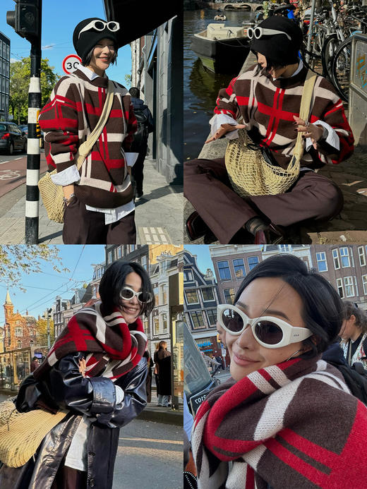 HIDEMI 进口澳洲美利奴羊毛趣味手绘格纹设计感撞色加厚款廓形套头大毛衣   红棕白\黄棕蓝 商品图1