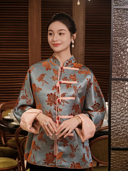 盛唐牡丹| 蝶恋花漳缎铁锈红色外套 商品图1