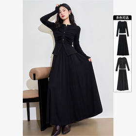 简约通勤套装女早春捏褶修身长袖针织衫搭半裙两件套V0042788