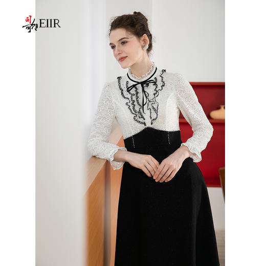 司歌蕾丝立领长袖连衣裙秋复古黑白裙A901178X 商品图1