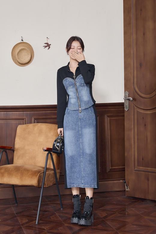 WHO KNOWS 牛仔拼接上衣半裙套装 19021 商品图2