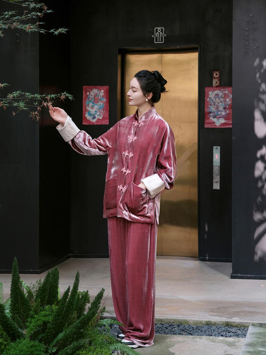 盛唐牡丹| 杨妃粉色丝绒松紧腰裤子 商品图7