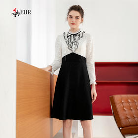 司歌蕾丝立领长袖连衣裙秋复古黑白裙A901178X