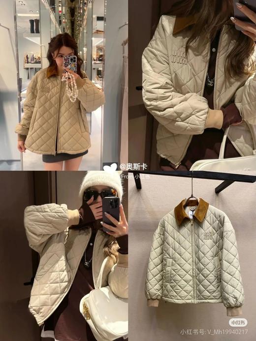 Miumi*/缪谬 菱形格纹轻薄款棉衣灯芯绒领外套 商品图0