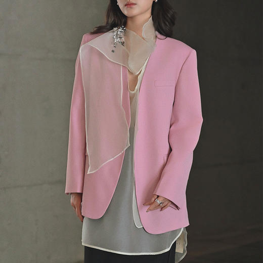 【顺丰包邮】01727 洛诗琳假两件设计感欧根纱拼接粉色西装外套226852 商品图0