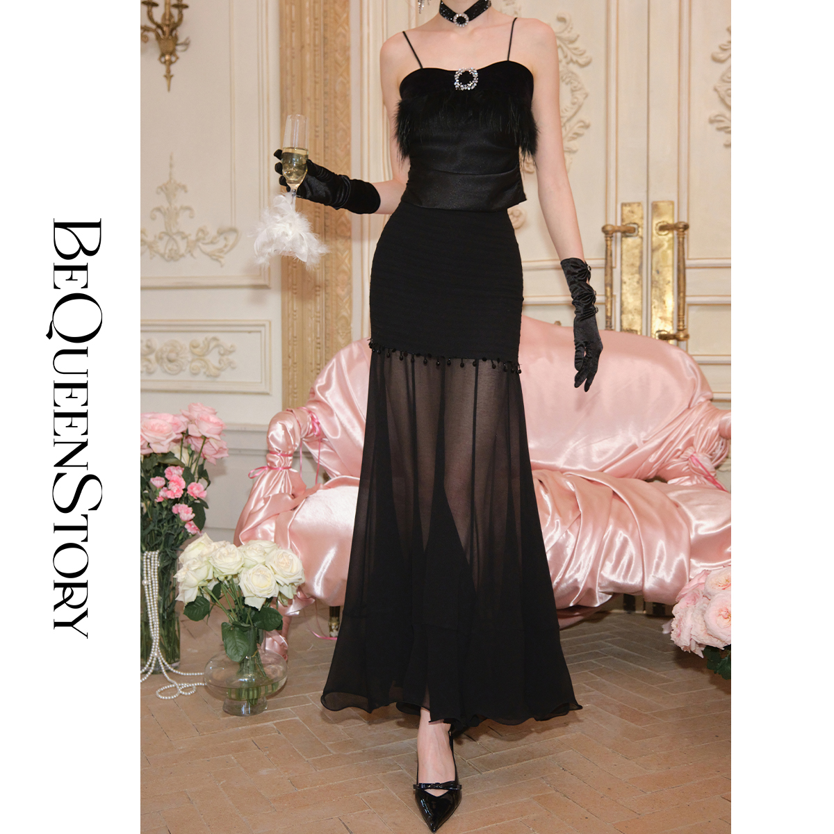 余潇潇【永恒旋律】高级感重工乔其纱A字长纱裙高腰气质显瘦半身裙