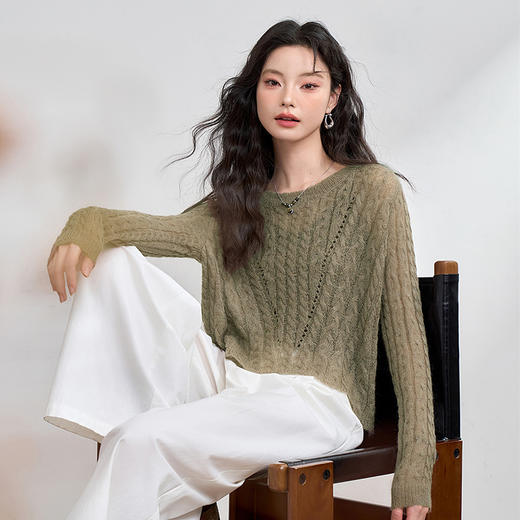 甜美温柔慵懒感长袖圆领针织衫女轻薄短款罩衫毛衣V0042881 商品图3