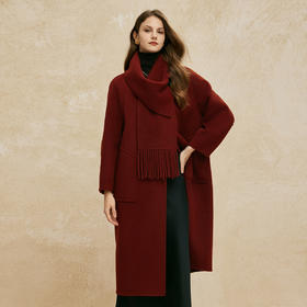 PH944斯尔丽24新款双面呢直身配围巾韩版大气廓形显瘦中长羊毛大衣