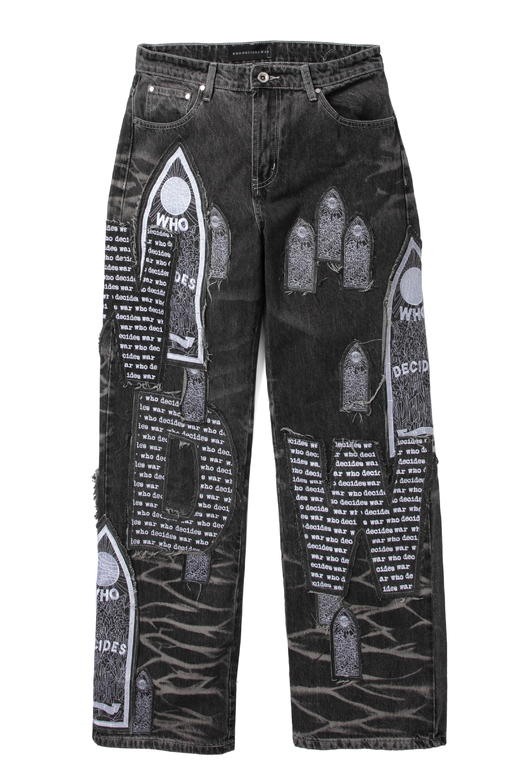 WHO DECIDES WAR｜灰色图案贴片牛仔裤 商品图4
