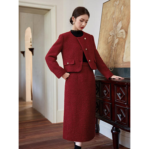 【年货节】熙世界小香风编织粗花呢羊毛短外套小个子红色开衫上衣2025冬装 商品图1