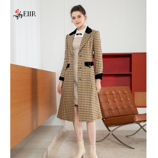 司歌复古格子中长款外套拼丝绒收腰冬女R901187X 商品图4
