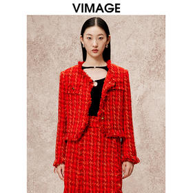 VIMAGE纬漫纪气质高级感小香风V领红色显瘦短外套秋冬新款V2203819