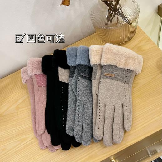 羊毛保暖手套女秋冬季韩版时尚触屏加绒加厚骑行拼色防寒毛口贴标 商品图3