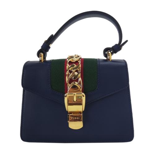 GUCCI古驰 Sylvie 金扣条纹织带 皮革 手提包单肩包斜挎包 迷你 女款 蓝色 商品图0