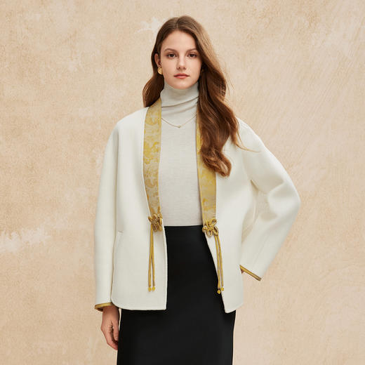 PH959斯尔丽24冬季新款新国风拼提花盘扣廓时尚V型领双面呢羊毛大衣 商品图0