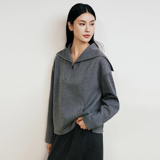 玳莎半拉链翻领卫衣简约时尚通勤灰色落肩袖上衣2024年冬季新款女  ED32302 商品图1