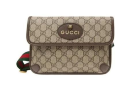 GUCCl古驰 Neo Vintage系列 烫金徽标老花满印虎头装饰条纹肩带 帆布拼皮 邮差包 腰包斜挎包小号 男款 乌木色/棕色