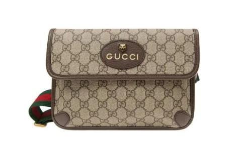 GUCCl古驰 Neo Vintage系列 烫金徽标老花满印虎头装饰条纹肩带 帆布拼皮 邮差包 腰包斜挎包小号 男款 乌木色/棕色 商品图0