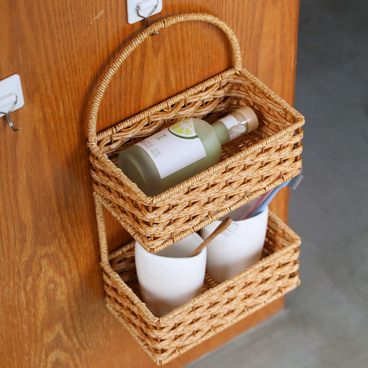 【浅咖色】娜家仿藤编二层挂墙篮 商品图1