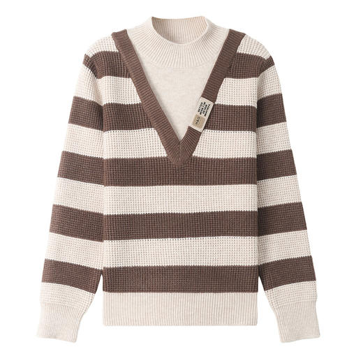 CC-tbrk-X1810条纹半高领打底衫毛衣2024秋冬新款套头厚款撞色宽松假两件上衣女 商品图4