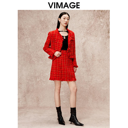 VIMAGE纬漫纪气质高级感小香风V领红色显瘦短外套秋冬新款V2203819 商品图1