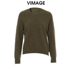 VIMAGE纬漫纪休闲连帽V领百搭橄榄绿纯羊毛针织衫冬季新款V2201833