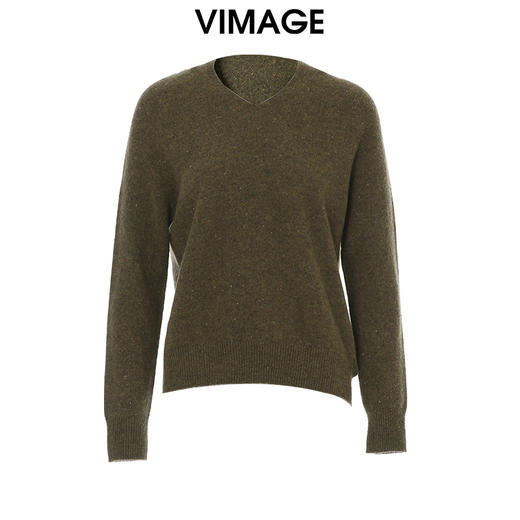 VIMAGE纬漫纪休闲连帽V领百搭橄榄绿纯羊毛针织衫冬季新款V2201833 商品图0