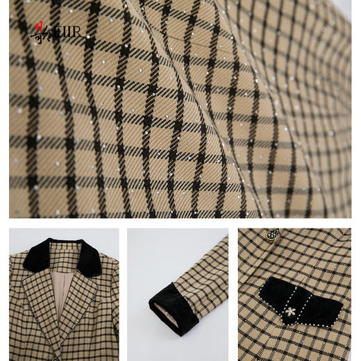 司歌复古格子中长款外套拼丝绒收腰冬女R901187X 商品图3