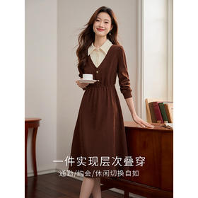 【专属特价】熙世界学院风撞色POLO领连衣裙秋冬通勤气质收腰显瘦假两件裙子