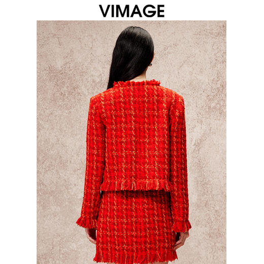 VIMAGE纬漫纪气质高级感小香风V领红色显瘦短外套秋冬新款V2203819 商品图4