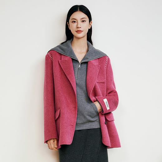 玳莎双面呢西装领大衣女2024年冬季新款保暖100%绵羊毛短款外套  ED37308 商品图1