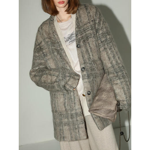 COCOBELLA轻奢老钱风拉绒格纹羊毛呢子大衣冬保暖毛呢外套WL7058 商品图1