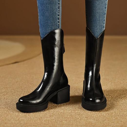 【预售5天】酒红色V口粗跟短靴，皮毛一体厚底马丁靴子ZMXY&2040-1 商品图4