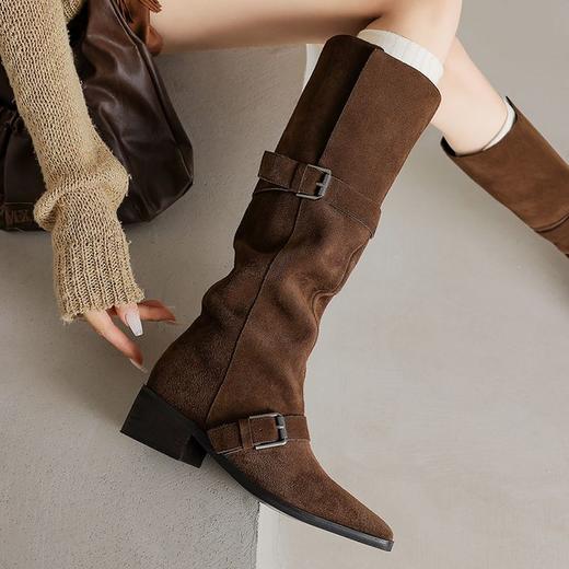 【预售7天】复古黄棕色西部靴，牛反绒高筒靴粗跟中跟皮带扣尖头长靴KYD&KK10463 商品图0