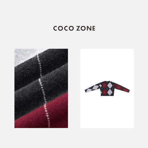 COCO ZONE 复古设计感菱格拼色长袖圆领针织衫CC2D2592 商品图2