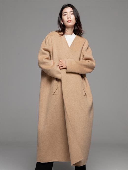 LIYIHAN 24冬绵羊毛领子不对称纯色中长款双面呢大衣百搭设计感 商品图2