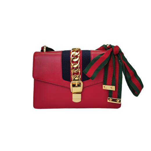 GUCCI 古驰 Sylvie金扣条纹织带 罗缎蝴蝶结 宽版肩带 单肩斜跨手提包 小号 红 商品图0
