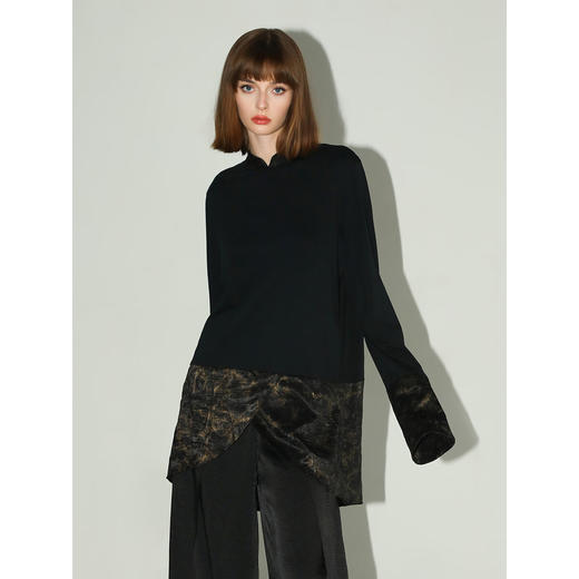 【秒杀】COCOBELLA烫金缎面拼接针织衬衫早春新中式小立领衬衣SR0051 商品图3