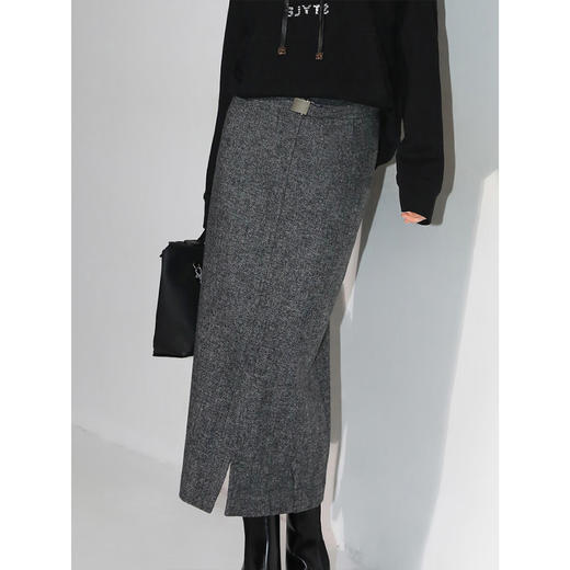 COCOBELLA[miu系穿搭]人字纹羊毛半身冬毛呢长裙附腰带HS0058 商品图1