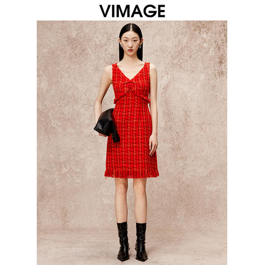 VIMAGE纬漫纪V领经典小香风红色高腰显瘦无袖连衣裙秋冬新款V2207829 商品图5