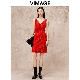 VIMAGE纬漫纪V领经典小香风红色高腰显瘦无袖连衣裙秋冬新款V2207829