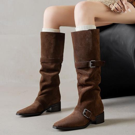 【预售7天】复古黄棕色西部靴，牛反绒高筒靴粗跟中跟皮带扣尖头长靴KYD&KK10463 商品图2