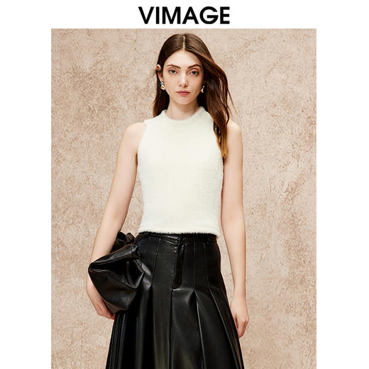 VIMAGE纬漫纪气质小立领无袖修身百搭纯色背心上衣秋季新款V2213835 商品图0