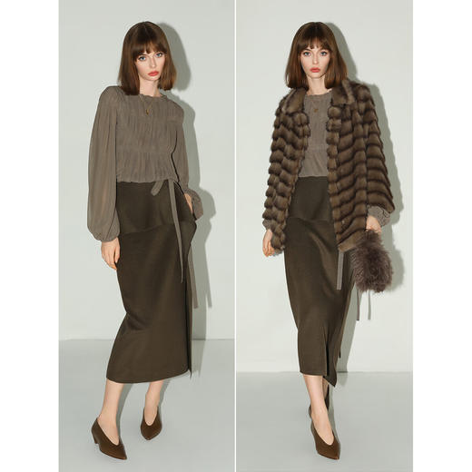 COCOBELLA[孟买棕绿]不对称荷叶边半身裙女冬毛呢长裙HS3091-2 商品图2