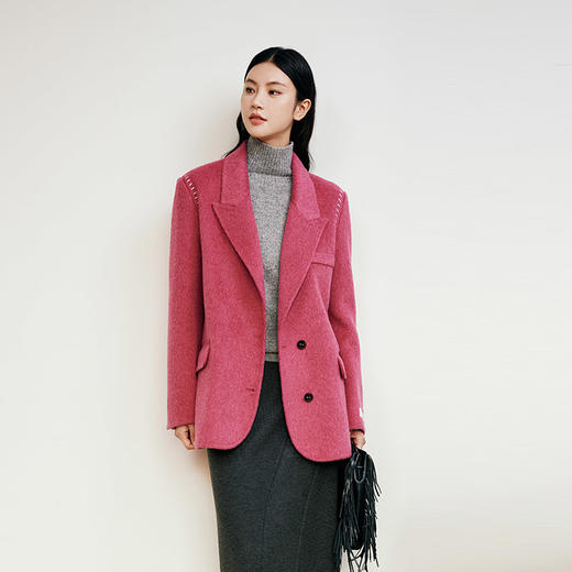 玳莎双面呢西装领大衣女2024年冬季新款保暖100%绵羊毛短款外套  ED37308 商品图0