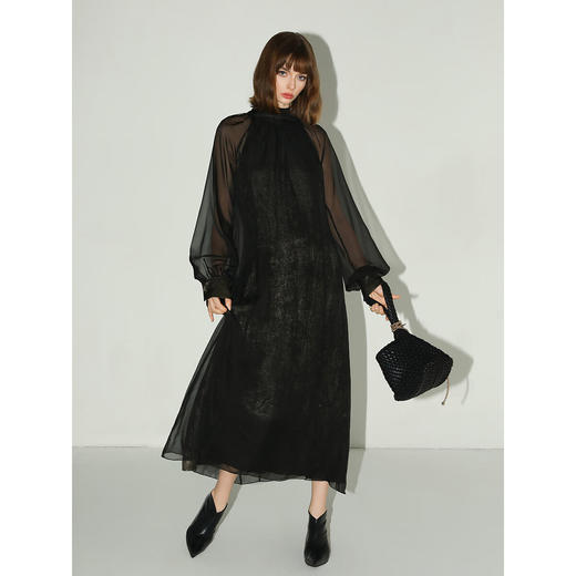 【限时秒杀】COCOBELLA[黑金]赫本风优雅小黑裙半高领假两件连衣裙FR0053 商品图3