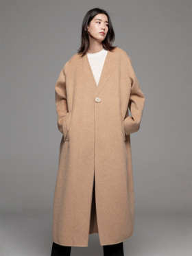 LIYIHAN 24冬绵羊毛领子不对称纯色中长款双面呢大衣百搭设计感